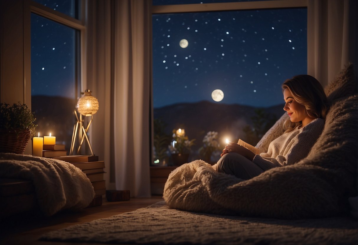 A person sitting in a cozy bedroom, surrounded by calming elements like a warm cup of herbal tea, a book, and a soothing essential oil diffuser. Outside, the moon is shining peacefully in the night sky