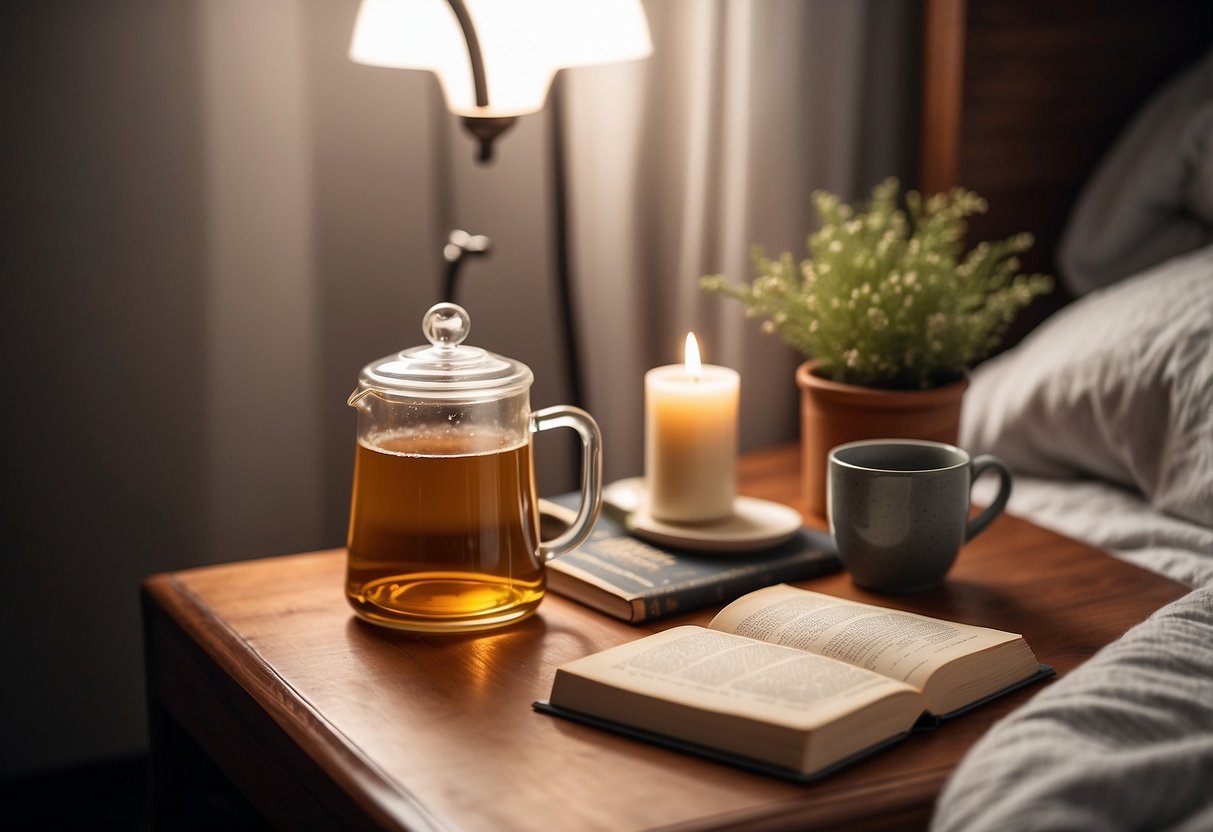 A cozy bedroom with a warm, inviting atmosphere. A bedside table with a book on healthy sleep habits. A calming tea set on the nightstand