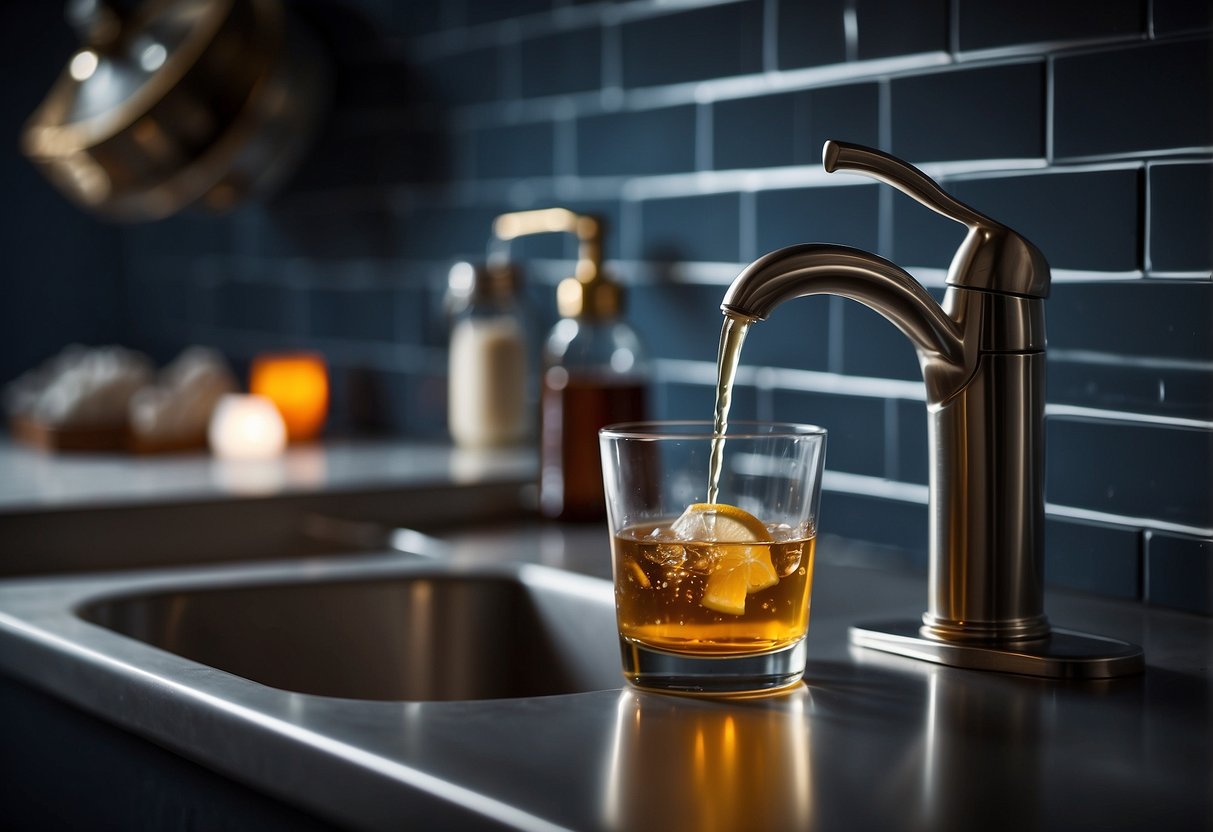 A person pouring alcohol down the sink, while a clock on the wall shows bedtime. An empty glass sits nearby