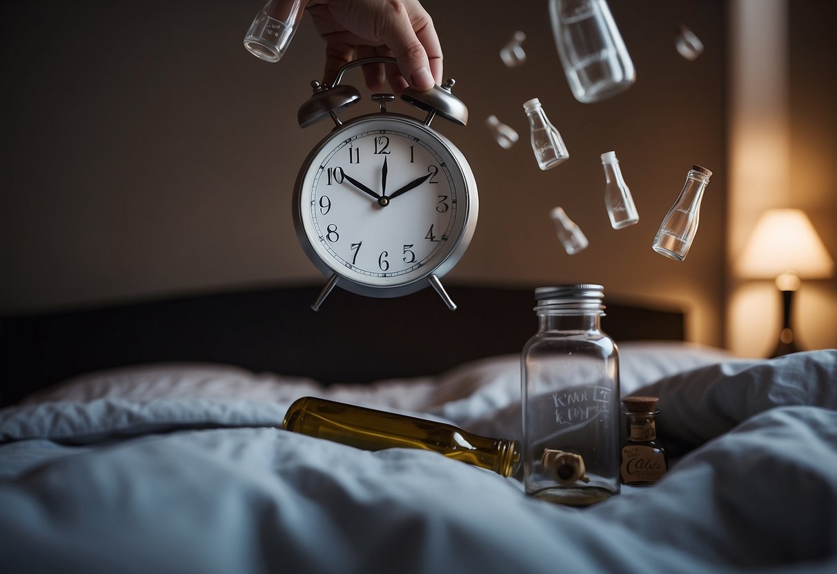 A person tossing and turning in bed, surrounded by empty bottles and a clock showing the time in the early hours of the morning