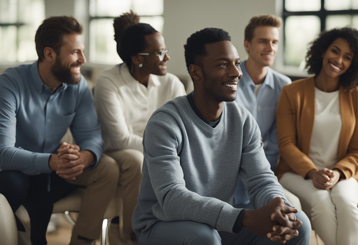 A group of people gather in a rehab facility, engaging in therapy sessions and support groups. Medical professionals oversee the process, providing guidance and assistance to the participants