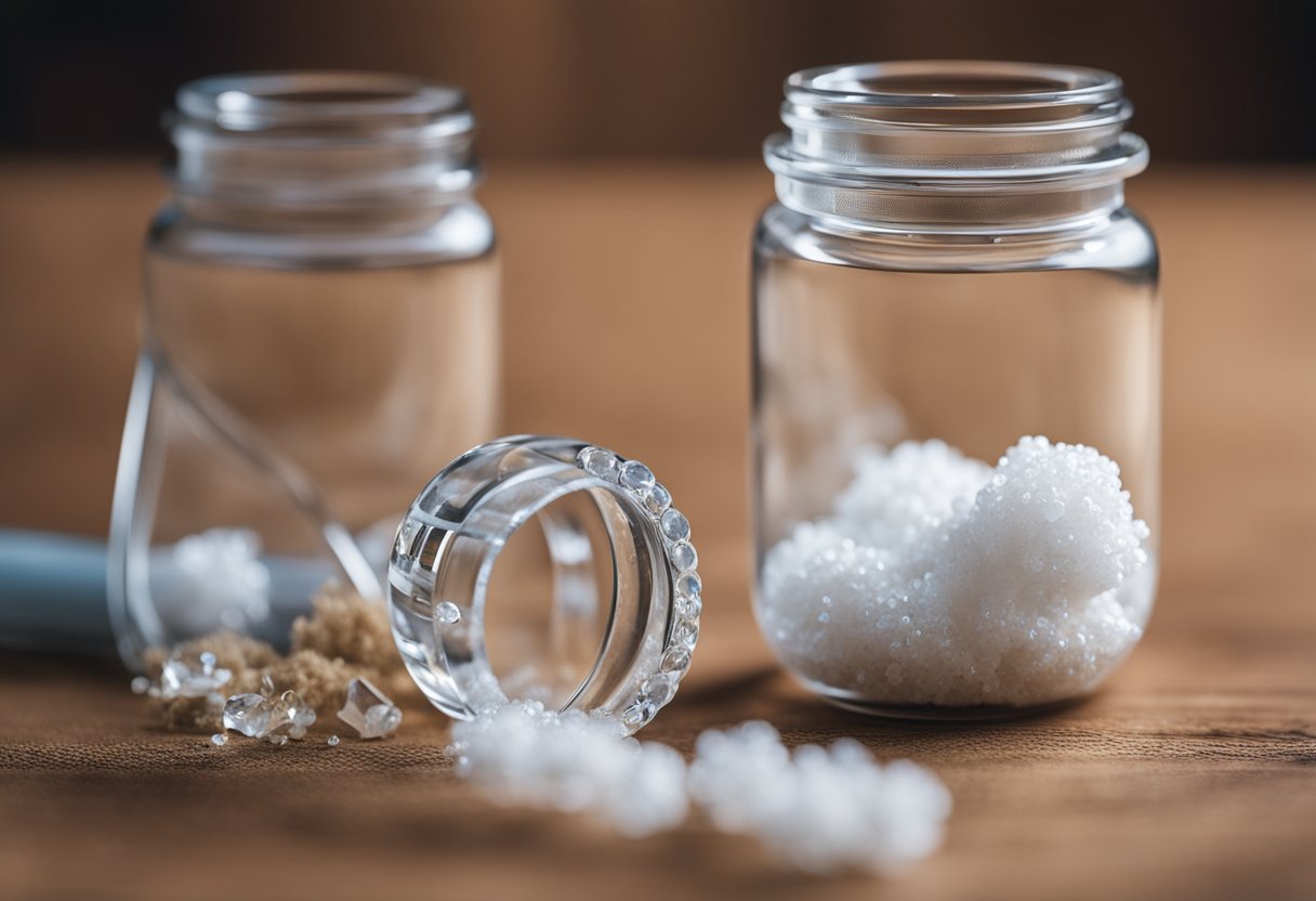 A glass pipe with white crystals inside, next to a small baggie of powder