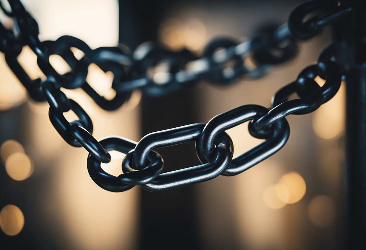 A dark, tangled web of chains and broken shackles lies in the shadow of a glowing, unbreakable lock