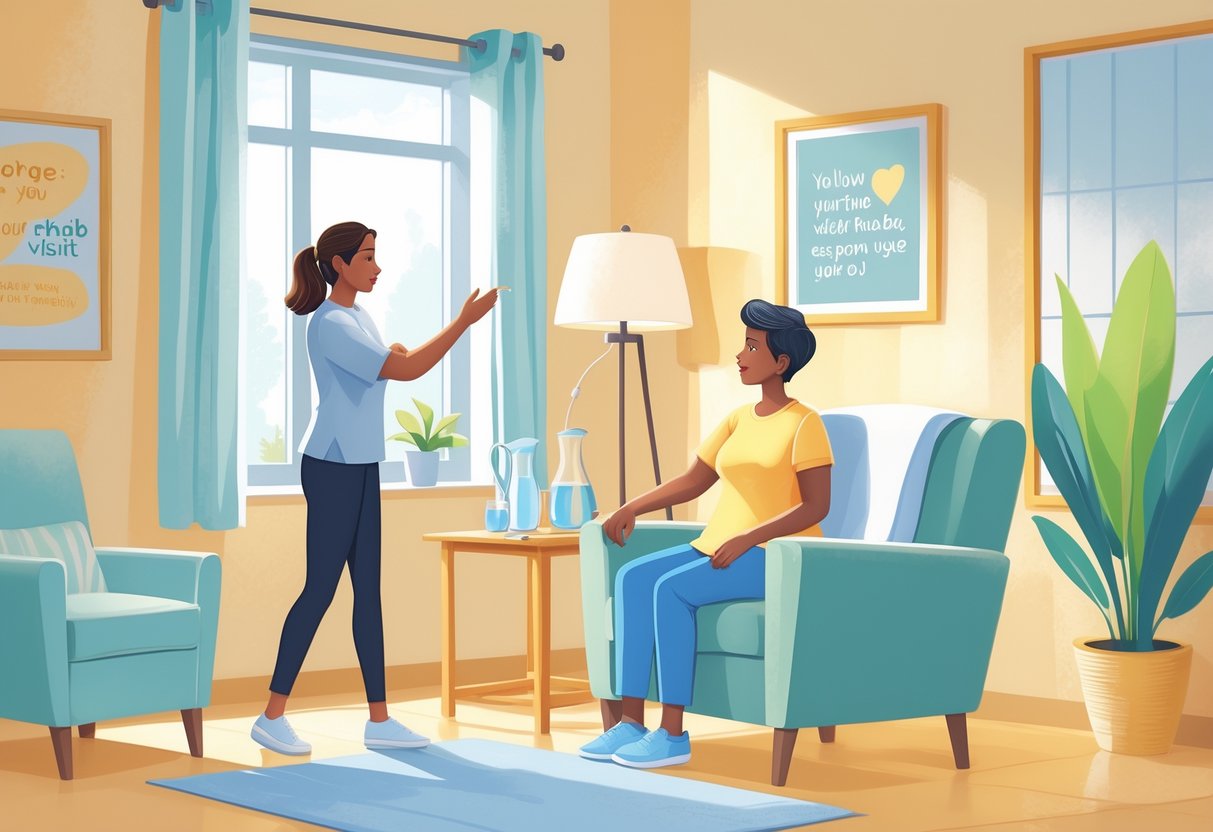 A visitor and a patient sitting together in a rehab facility room, sharing a supportive moment.