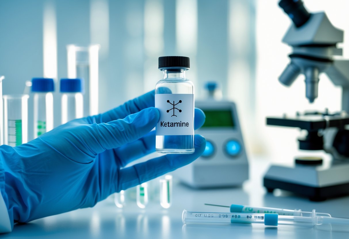 A gloved hand holding a vial next to a digital timer in a medical laboratory with scientific equipment on the bench.