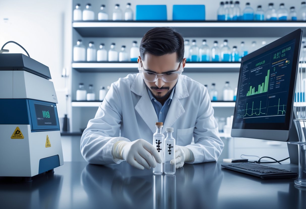 A scientist in a lab coat examines a vial in a medical laboratory surrounded by lab instruments and computer screens showing scientific data.