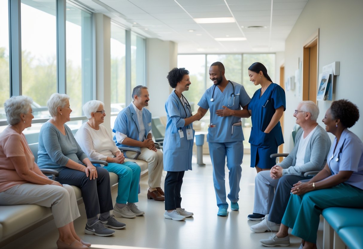 Healthcare professionals interacting supportively with patients in a bright outpatient treatment center waiting area.