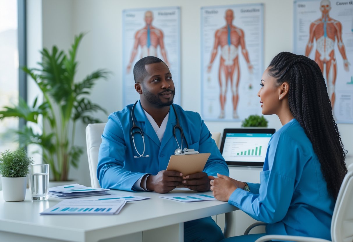 A patient talking with a healthcare professional in a medical office during a consultation.