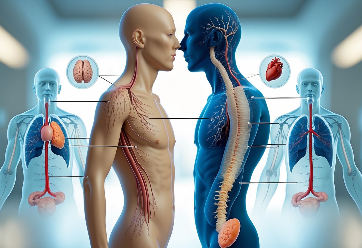 Split view of two human silhouettes showing healthy and affected physical conditions with medical icons around indicating body organs impacted by drug use.