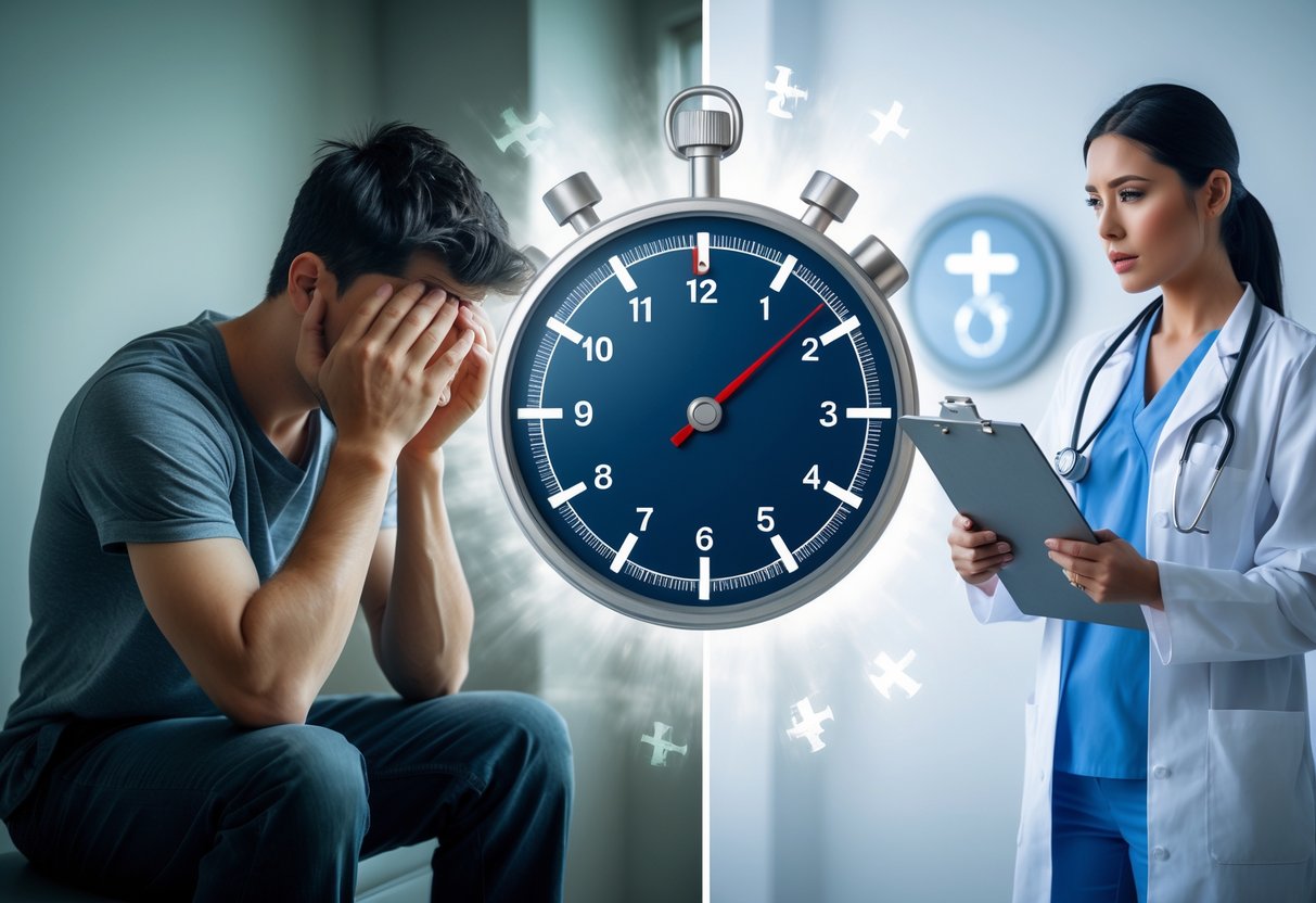 A young man looking distressed on one side and a healthcare professional offering support on the other, with a clock symbolizing urgent treatment for meth addiction.
