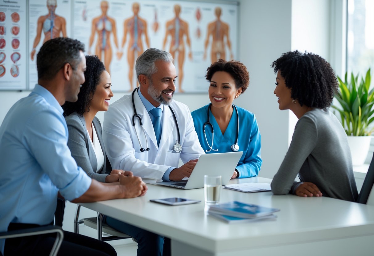 A healthcare professional and a patient talking at a desk in a medical office.