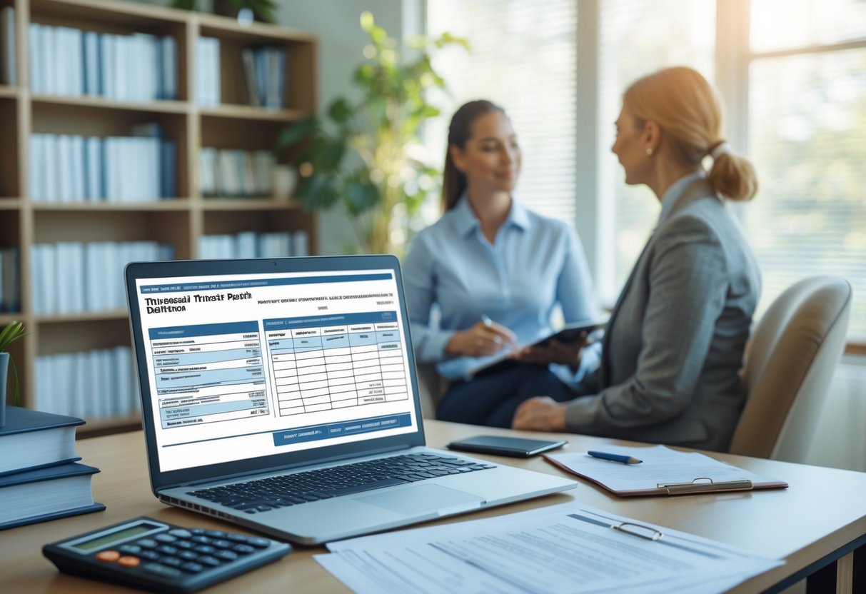 A therapist and client talking in a bright office with a desk showing financial documents and a laptop, suggesting a discussion about therapy costs and insurance.